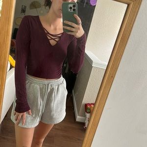 Long sleeve maroon cross cross crop top